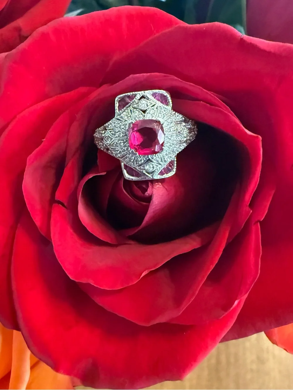 Vintage Engagement Style 925 Sterling Silver Lab Ruby CZ Cluster Ring Size 7